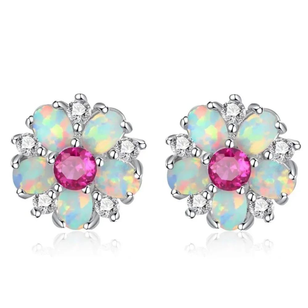 .925 Sterling Silver with White Fire Opal and Pink Garnet Flower Stud Earrings